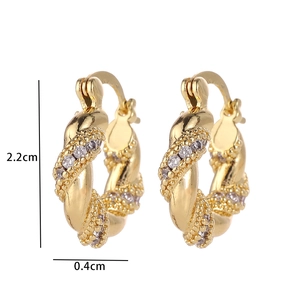 Detailed view of gold twisted hoop earrings with micro-inlaid zircons and 2.2cm height