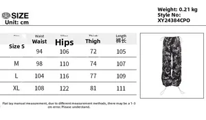 Tabella delle taglie per pantaloni cargo mimetici con misure dettagliate dalla S alla XL