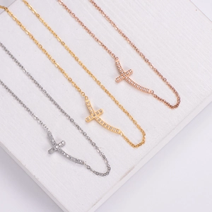 Curved Cross Pendant Necklace 316L Stainless Steel With Cubic Zirconia Inlaid Elegant Simple Clavicle Chain For Women
