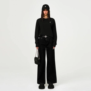 All-black street style cotton long sleeve top with cross embroidery and wide leg pants