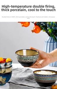 Detail of heat-resistant ceramic rice bowl featuring traditional blue patterns and thick texture