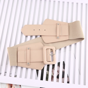 Close-up of beige elastic corset belt with PU leather square buckle on a magazine background