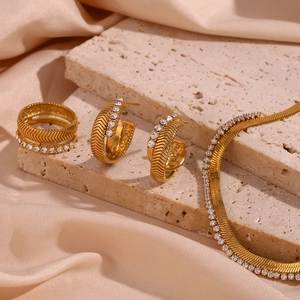 Detail of 18K gold-plated jewelry set with herringbone patterns and micro-inlaid zircons