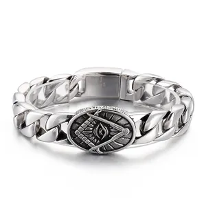Men Cuban Link Bracelet 316L Stainless Steel Masonic All Seeing Eye Vintage Punk Heavy Metal Hip Hop Jewelry Silver Tone