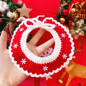 Knitted Christmas pet collar with snowflake decor and bells in festive red and white