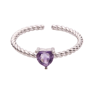 S925 sterling silver open ring with heart-shaped purple gemstone and twisted rope band
