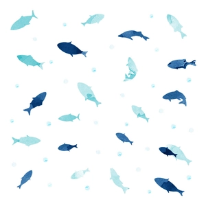 Watercolor ocean fish wall decals in blue tones for bathroom decor and self-adhesive styling