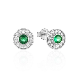 Macro view of S925 sterling silver earrings with emerald center and cubic zirconia halo