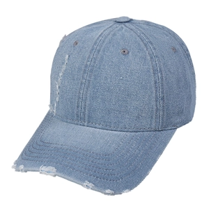 Distressed light blue denim baseball cap with torn details and long brim for summer wear