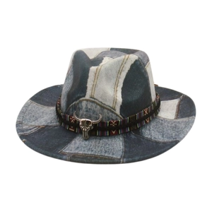 Western Cowboy Hat Denim Patchwork Cotton Sun Protection Vintage Fedora With Metal Bull Skull And Ethnic Woven Band