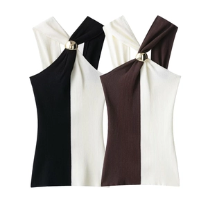 Canotta Halter Da Donna In Maglia A Costine Blocchi Di Colore Vestibilità Aderente Senza Maniche Streetwear Top Casual Con Fibbia In Metallo