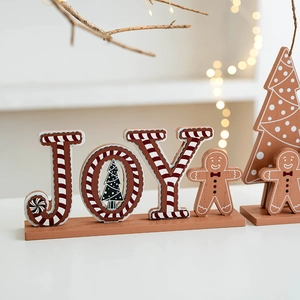Christmas JOY wooden tabletop decoration with gingerbread man and festive patterns