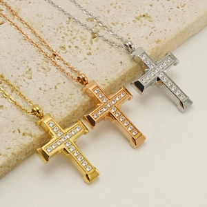 Minimalist Cross Pendant Necklace Stainless Steel 18K Gold Plated Bling Zircon Fashion Jewelry For Women Men