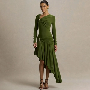 Detail of the olive green asymmetric dress showing waist ruching and metal buckle accents