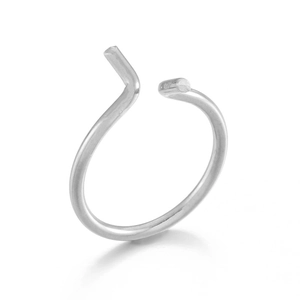 Minimalist silver stainless steel open ring with a polished metallic finish on white background