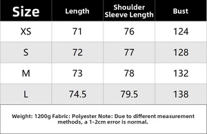 Detailed size chart for casual women's jacket with measurements for XS to L sizes