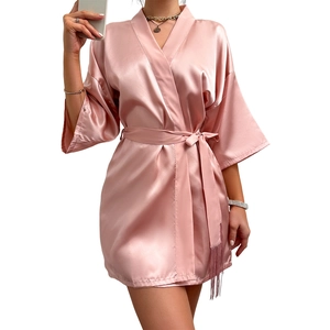 Elegant pink satin bathrobe for women with V-neck, half sleeves and tassel belt tie