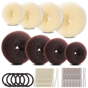 Detailed view of hair bun maker set with donut rings, elastic bands and U-shaped pins