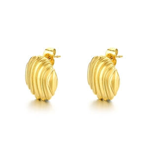 Retro hollow round stainless steel earrings with gold textured vertical pleat patterns