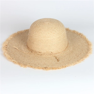 Wide brim raffia straw sun hat with frayed edges and minimalist rope bow detail
