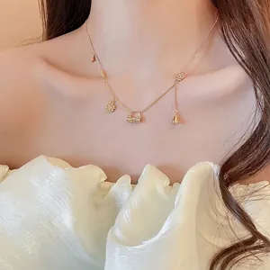 18K Gold Plated Copper Necklace Flower Handbag Safety Lock Pendants Zircon Inlaid Retro Clavicle Chain Jewelry For Women
