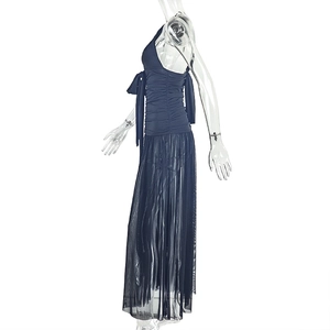 Detail of navy blue ruched bodice and semi-transparent pleated tulle skirt with bow