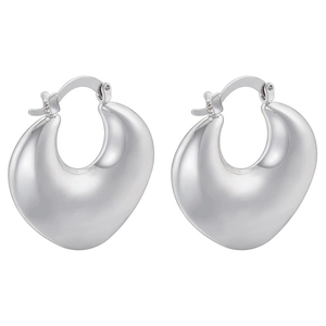 Detailed view of polished silver thick teardrop hoop earrings with click-top closure