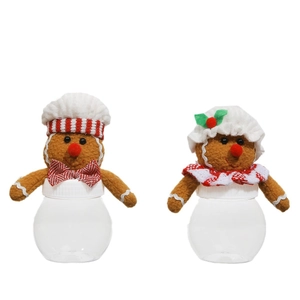 Christmas gingerbread man candy jars with plush heads and transparent plastic bodies
