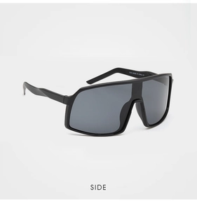Side view detail of matte black cycling sunglasses with streamlined temples and CE mark