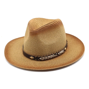 Straw Fedora Hat Gradient Wide Brim Sun Protection Outdoor Beach Travel Western Style Leather Band Rivets For Men Women