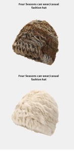 Detail of plush faux rabbit fur knit hats in brown and beige showing soft texture