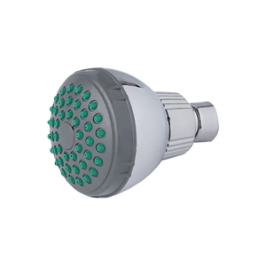 Polished chrome shower head with green anti-clogging nozzles shown at a 45-degree angle