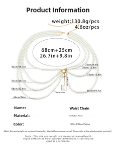 Detailed size guide for multi-layer pearl waist chain with measurements and specifications