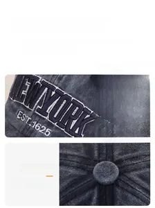 Detail of 3D New York embroidery on washed cotton vintage baseball cap with neat stitching