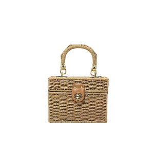 Retro woven straw box handbag for women with metallic lock and summer vacation style