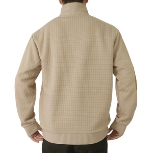Rear view of khaki casual long-sleeve jacket with checkered pattern and elbow patches