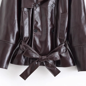 Short dark brown faux leather trench jacket with double-breasted buttons and belted waist