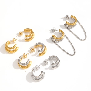 Minimalistische C-förmige Titanstahl Ohrstecker mit Quastenketten in Gold und Silber