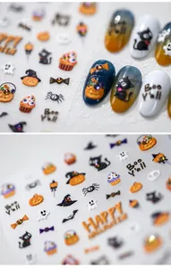 3D embossed Halloween nail stickers with black cats, pumpkins, and ghosts detail view
