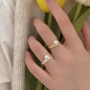 925 Sterling Silver Artificial Pearl Ring Crossover X Design Minimalist Adjustable Open Finger Ring French Retro Jewelry For Women