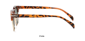 Detail view of TR90 tortoiseshell half-frame sunglasses with gold metal accents and CE markings