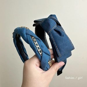 Fashion Denim Fabric Headbands For Women Retro Bow Knot Braided Metal Chain Contrast Stitching Casual Hair Accessories