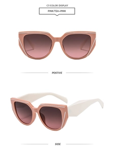 Detailed front and side views of square cat-eye sunglasses in pink and white frame