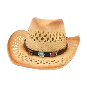 Hollow out straw cowboy hat with turquoise beads and leather trim for beach travel