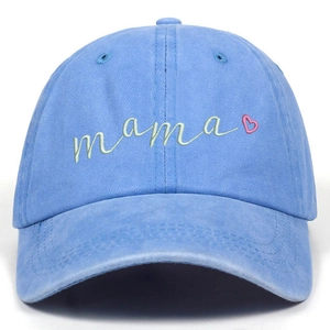 Blue washed cotton baseball cap with green mama embroidery and a pink heart detail