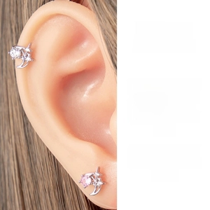 Detailed view of moon and star ear studs featuring pink zircons and silver finish