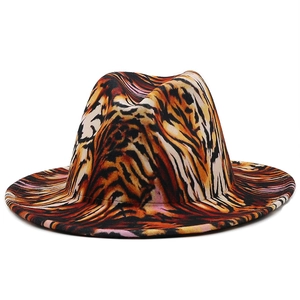 3D tiger print fedora hat with wide brim in vibrant orange and black animal patterns