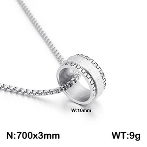 Close-up of rotatable stainless steel ring pendant with Greek key pattern and dimensions