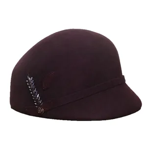 Elegant purple wool cloche hat for women with beaded leaf embroidery and rose detail