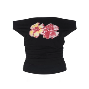 T-shirt noir femme à épaules dénudées avec imprimé floral vintage pour l'été